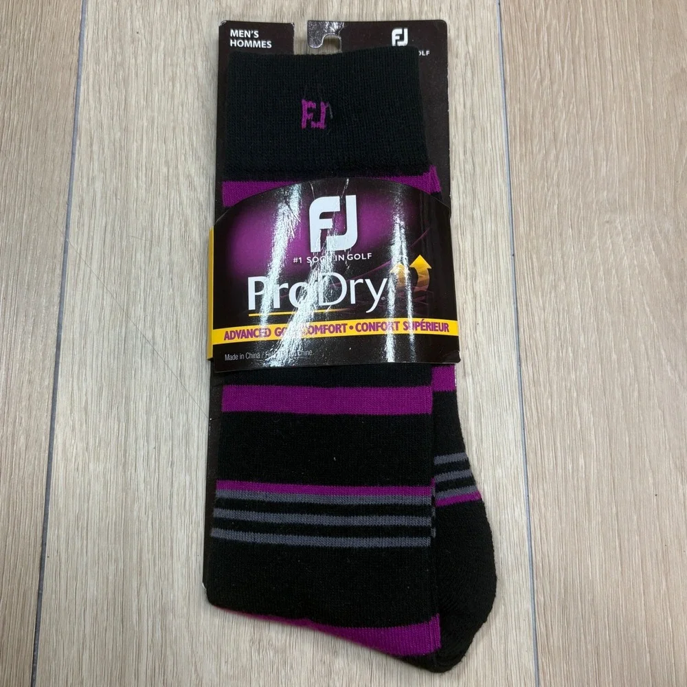 FootJoy ProDry Mens Golf Crew Socks Portsmouth Stripe Black Purple Size 7-12 NEW